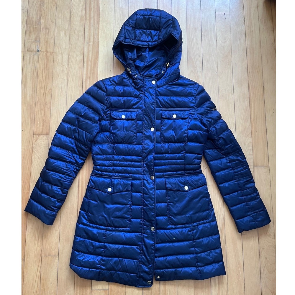 Bebe Quilted Puffer Jacket Navy Blue Hooded Full Zip Pockets Medium